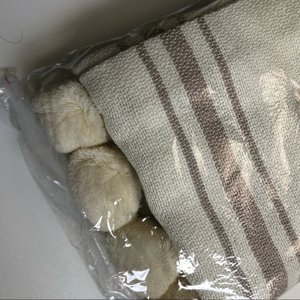 Imani Collective Blanket Throw Woven Striped Pom Poms Cream Tan Beige Neutral